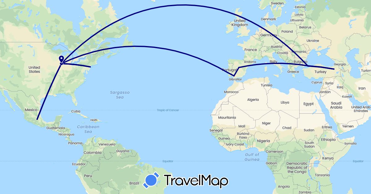 TravelMap itinerary: driving in Spain, Mexico, Portugal, Turkey, United States (Asia, Europe, North America)